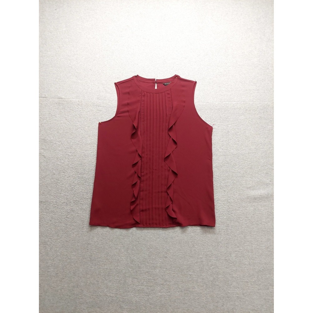 Ann Taylor Women Top M Red Sleeveless Back Button Ruffled Details Comfort Career